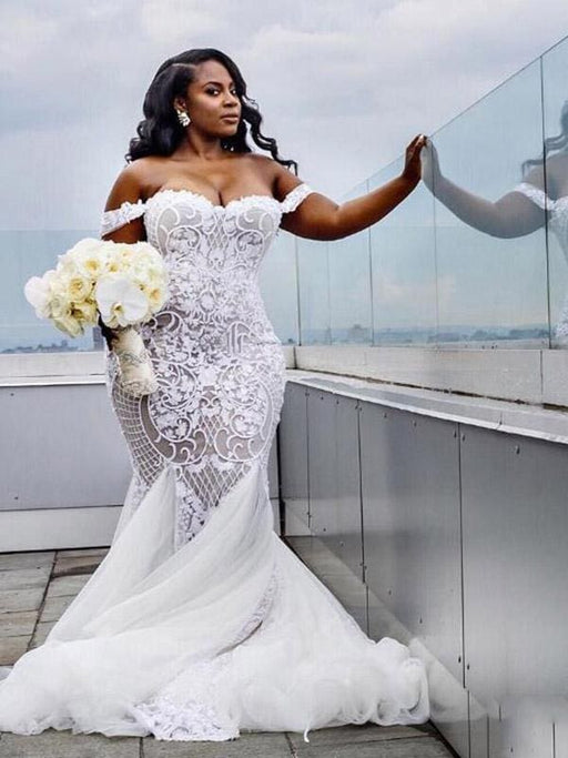 Modest Plus Size Off-the-Shoulder Mermaid Wedding Dresses - wedding dresses