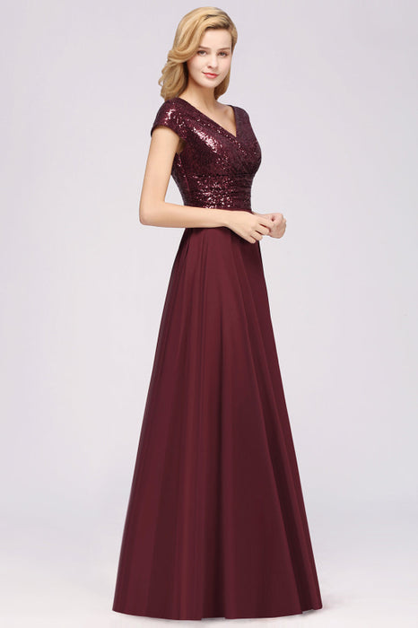 Bridelily Chic Sequined Top V-Neck Sleeveless Burgundy Bridesmaid Dresses Online