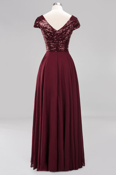 Bridelily Chic Sequined Top V-Neck Sleeveless Burgundy Bridesmaid Dresses Online