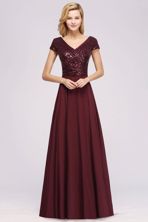 Bridelily Chic Sequined Top V-Neck Sleeveless Burgundy Bridesmaid Dresses Online