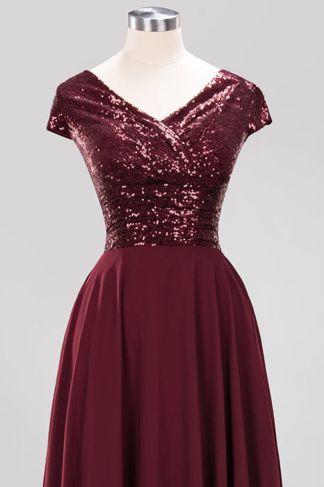 Bridelily Chic Sequined Top V-Neck Sleeveless Burgundy Bridesmaid Dresses Online