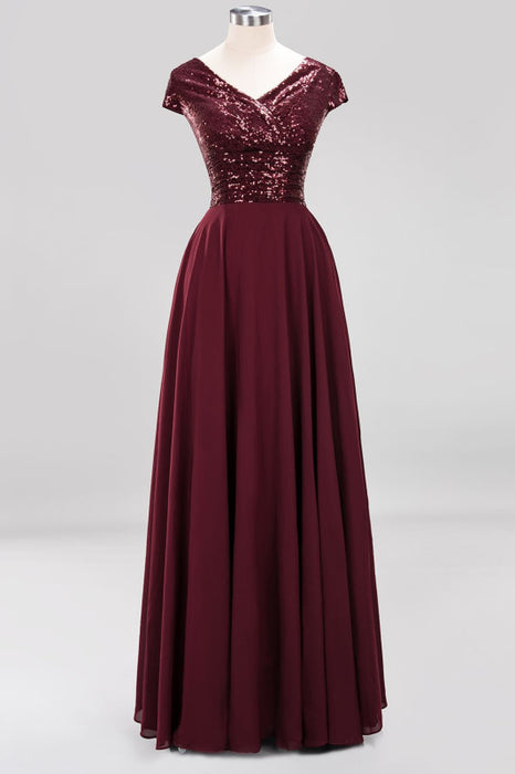 Bridelily Chic Sequined Top V-Neck Sleeveless Burgundy Bridesmaid Dresses Online