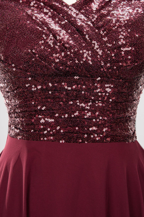 Bridelily Chic Sequined Top V-Neck Sleeveless Burgundy Bridesmaid Dresses Online