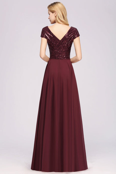 Bridelily Chic Sequined Top V-Neck Sleeveless Burgundy Bridesmaid Dresses Online