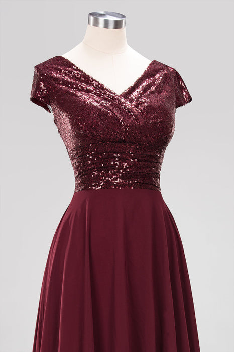 Bridelily Chic Sequined Top V-Neck Sleeveless Burgundy Bridesmaid Dresses Online