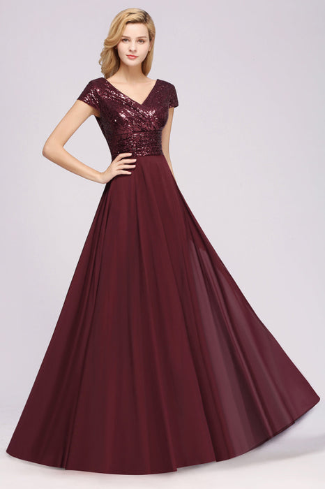 Bridelily Chic Sequined Top V-Neck Sleeveless Burgundy Bridesmaid Dresses Online