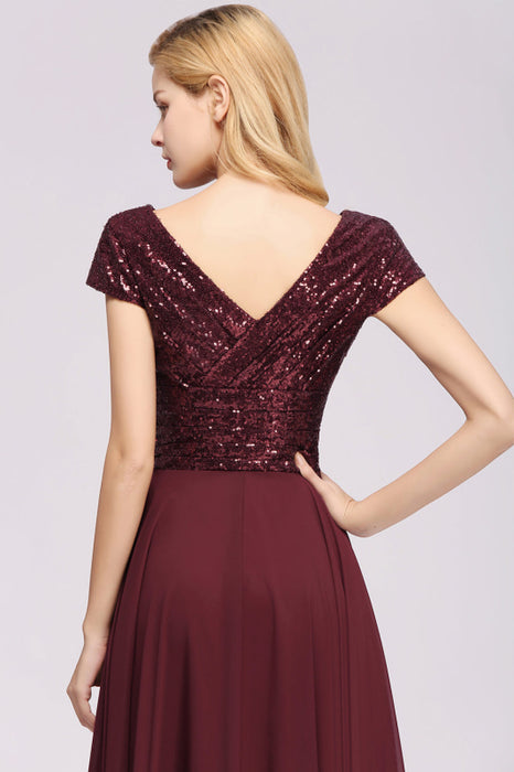 Bridelily Chic Sequined Top V-Neck Sleeveless Burgundy Bridesmaid Dresses Online