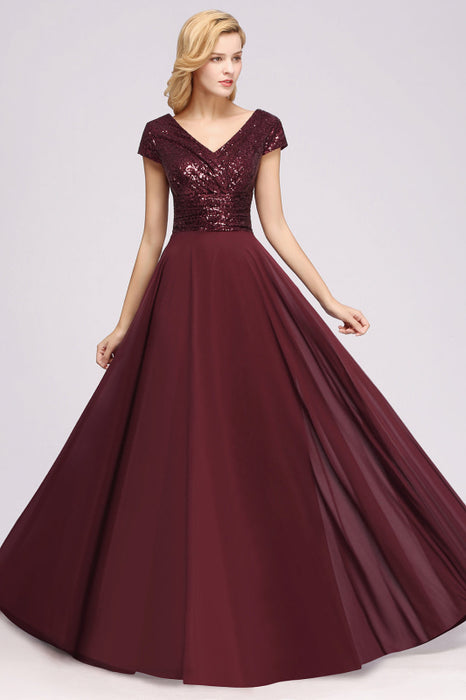 Bridelily Chic Sequined Top V-Neck Sleeveless Burgundy Bridesmaid Dresses Online