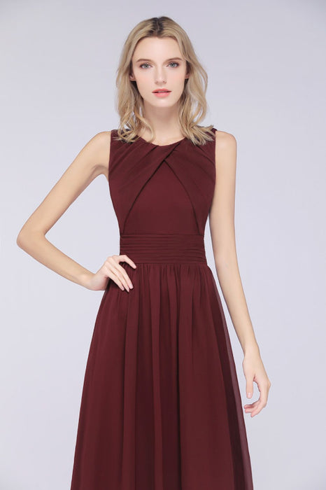 Bridelily Modest Round-Neck Sleeveless Burgundy Bridesmaid Dresses with Ruffles