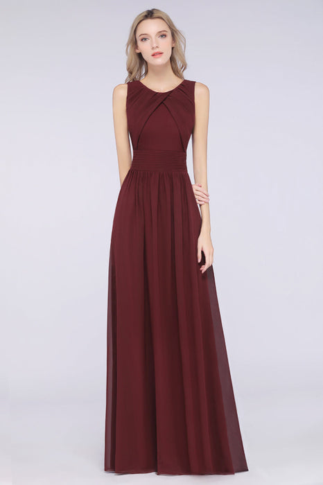 Bridelily Modest Round-Neck Sleeveless Burgundy Bridesmaid Dresses with Ruffles