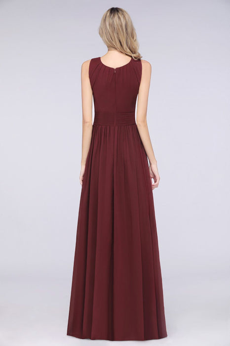 Bridelily Modest Round-Neck Sleeveless Burgundy Bridesmaid Dresses with Ruffles