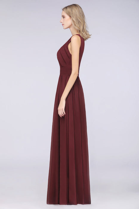 Bridelily Modest Round-Neck Sleeveless Burgundy Bridesmaid Dresses with Ruffles