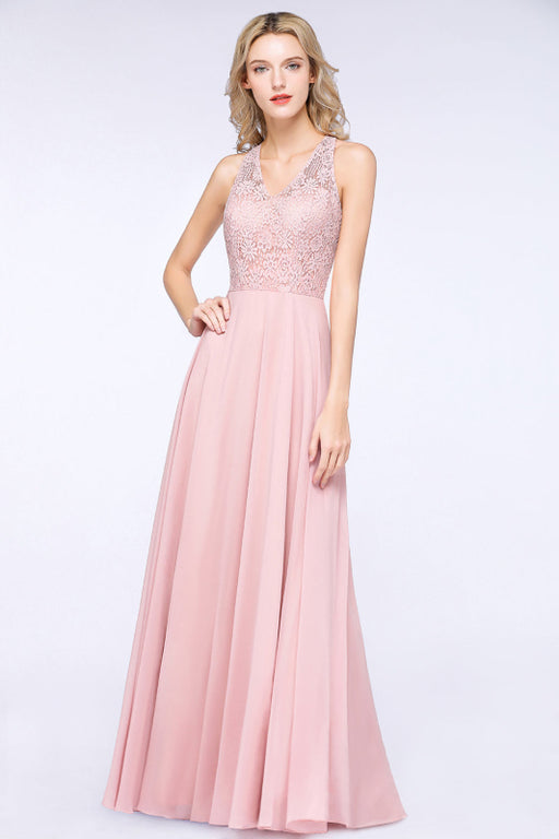 Bridelily Modest V-Neck Sleeveless Pink Affordable Bridesmaid Dresses Lace