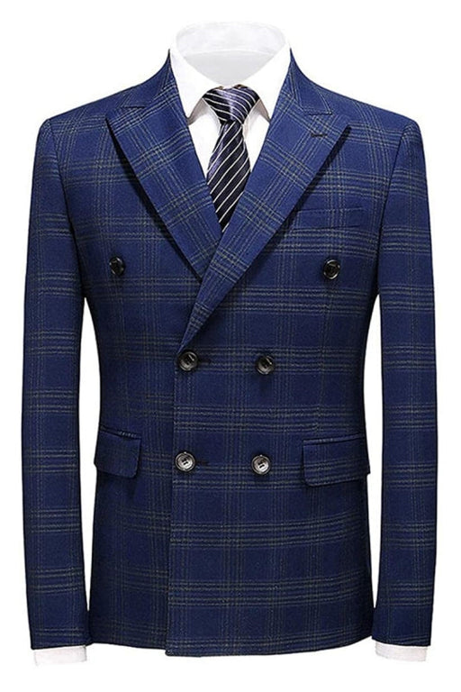 Noah Fashion Navy Blue Double Breasted Plaid Men Suits For Business