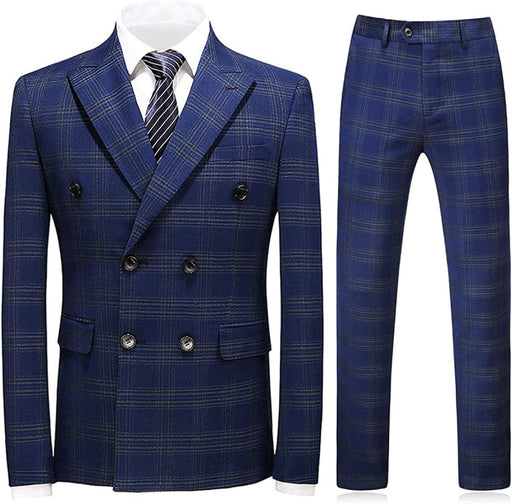 Noah Fashion Navy Blue Double Breasted Plaid Men Suits For Business