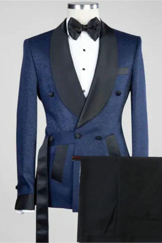 Truman Navy Blue Jacquard Shawl Lapel Double Breasted Chic Wedding Suits