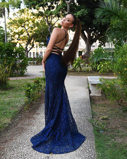 Navy Blue Lace Mermaid Evening Dress