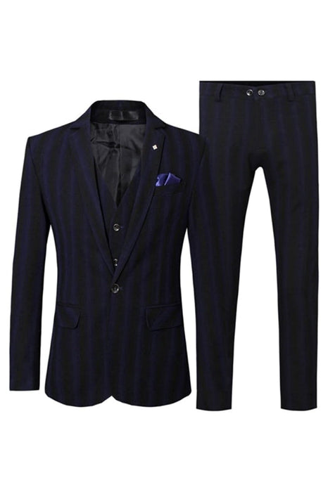 Justin Formal Navy Blue Notched Lapel Three Pieces Striped Business Suits