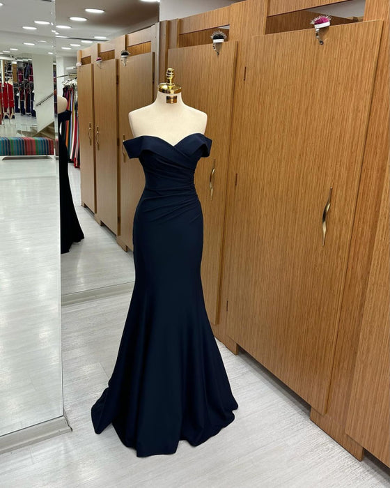 Navy Blue Off-the-Shoulder Mermaid Prom Dress with Sweetheart Sleeveless