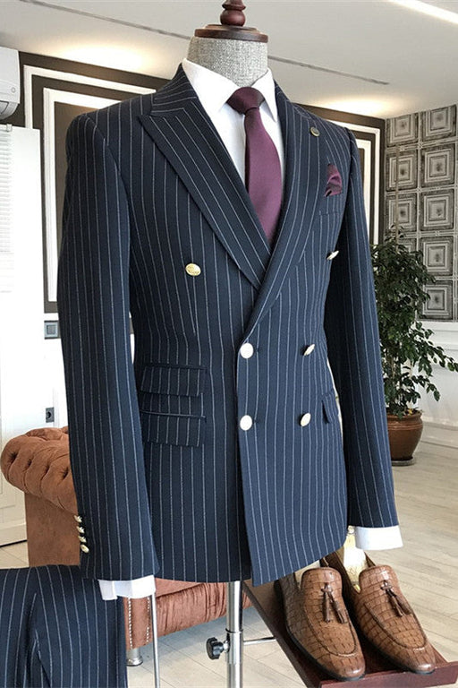 Geoff Navy Blue Peaked Lapel Striped Double Breasted Business Suits