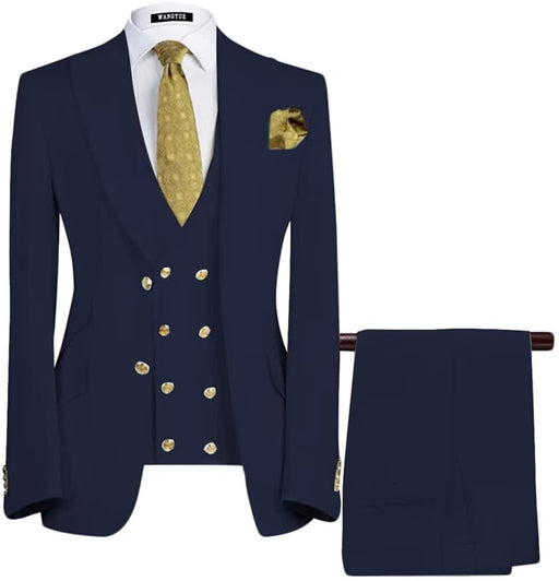 Burke Bespoke Navy Blue Three Pieces Peaked Lapel Business Men Suits