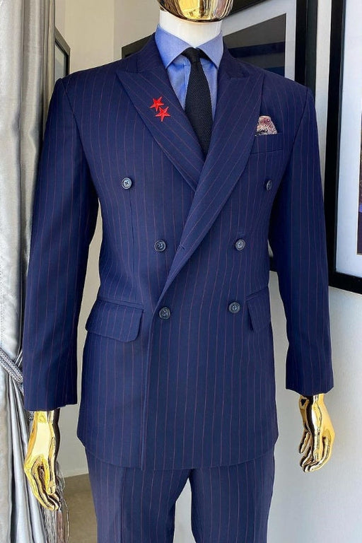 Adrian Formal Navy Blue Peaked Lapel Two Pieces Striped Business Suits