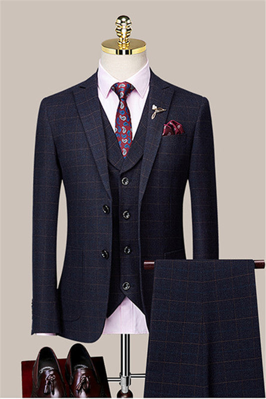 Anthony Navy Blue Plaid Peaked Lapel Slim Fit Men Suits