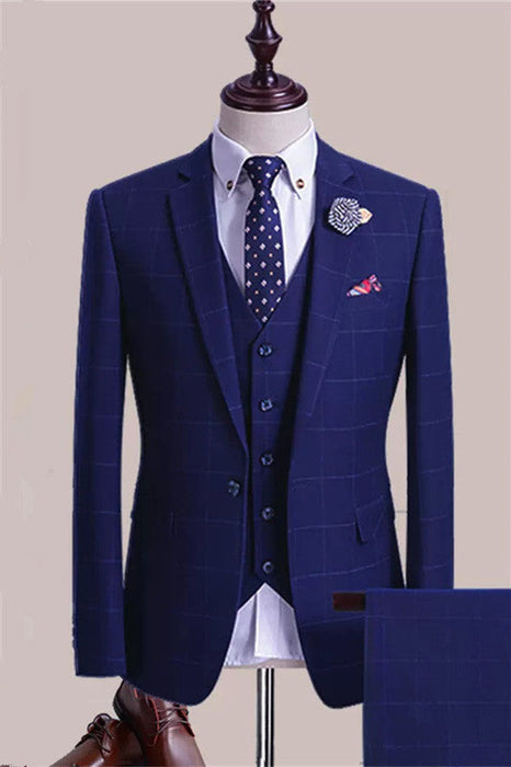 Donald Bespoke Blue Plaid Three Pieces Men Suits For Business