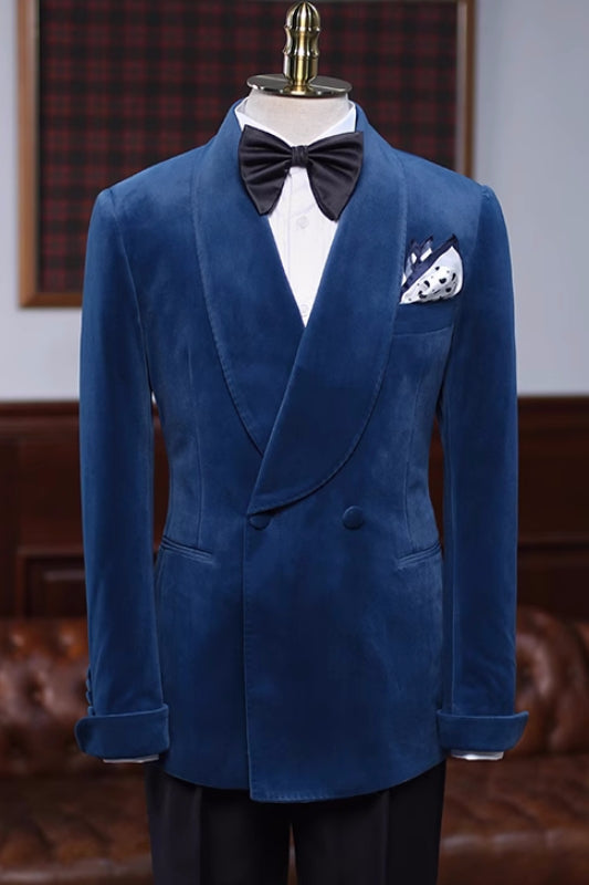 Clyde Charming Navy Blue Shawl Lapel Double Breasted Velvet Wedding Suits