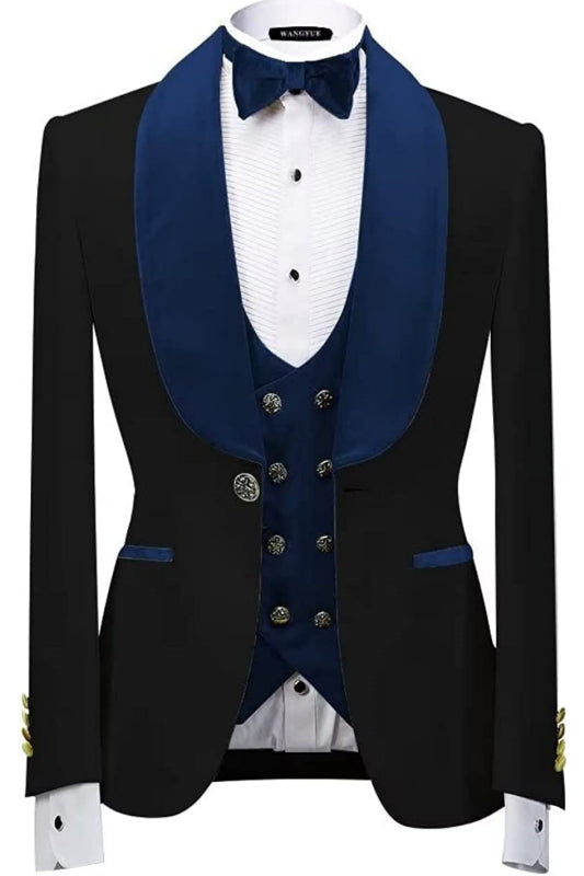 Neal Formal Navy Blue Shawl Lapel Three Pieces Velvet Wedding Suits