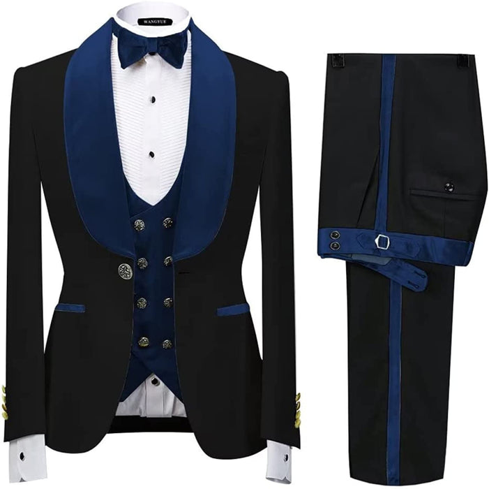 Neal Formal Navy Blue Shawl Lapel Three Pieces Velvet Wedding Suits