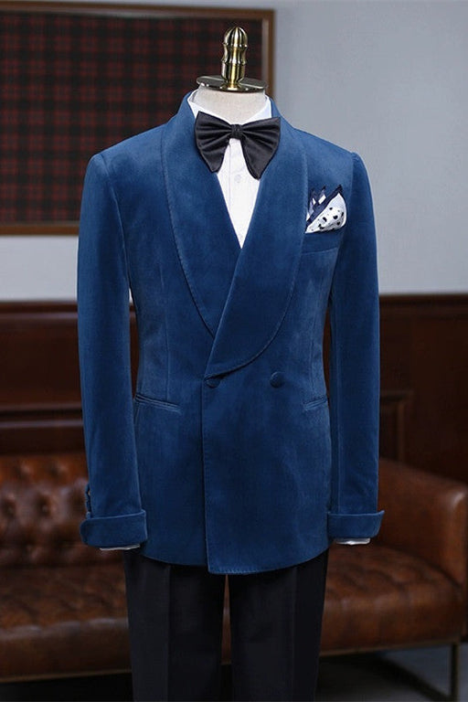 Adonis Bespoke Navy Blue Shawl Lapel Velvet Men Suits For Wedding