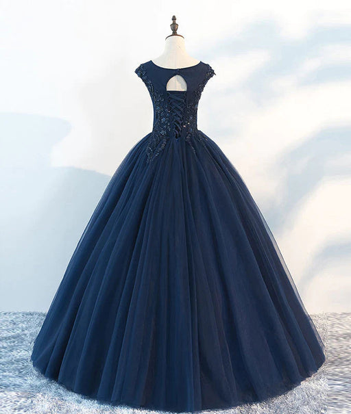 Navy Blue Sleeveless A-Line Lace Printed Prom Dress