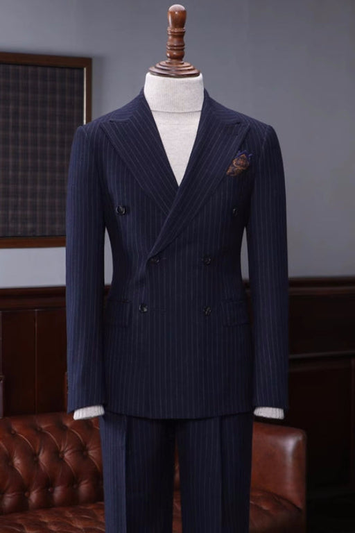 Cameron Handsome Navy Blue Striped Peaked Lapel Double Breasted Business Suits