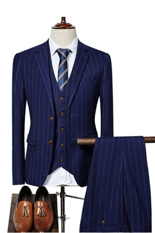 Avery Bespoke Navy Blue Striped Three Pieces Business Men Suits