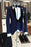 Devin Navy Blue Three Pieces Bespoke Business Suits With Black Peaked Lapel