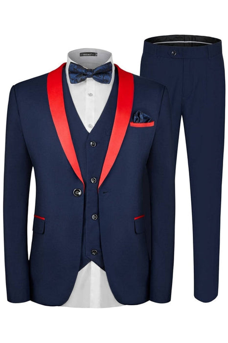 Bradley Fancy Navy Blue Three Pieces Wedding Suits With Red Shawl Lapel