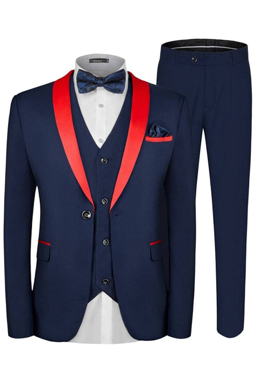 Bradley Fancy Navy Blue Three Pieces Wedding Suits With Red Shawl Lapel