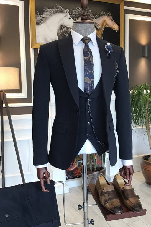 Grant Navy Blue Peaked Lapel Three Pieces Bespoke Business Suits