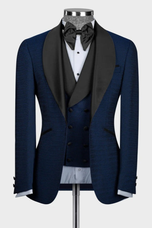 Alger Dark Blue Shawl Lapel Three Pieces Wedding Men Suits