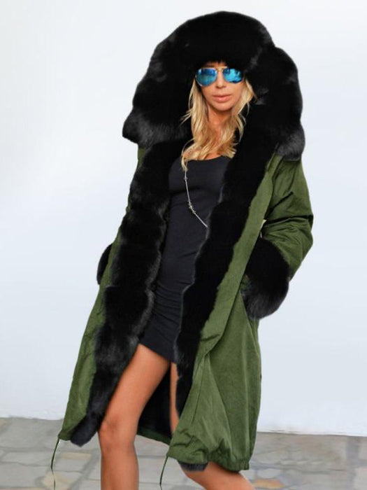 New Army Green Faux Fur trimmed long length Faux Fur Coats Bridelily