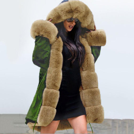 New Army Green Faux Fur-trimmed long-length Faux Fur Coats - womens furs & leathers