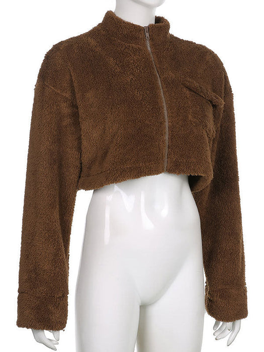 Faux Fur Coats Coffee Brown Turndown Collar Long Sleeves Zipper Oversized Women Coat