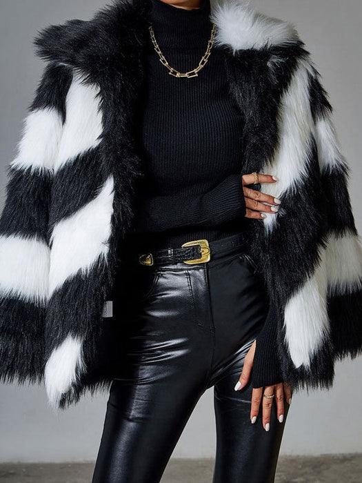 Faux Fur Coats For Women Black Turndown Collar Long Sleeves Two Tone Stretch Winter Coat