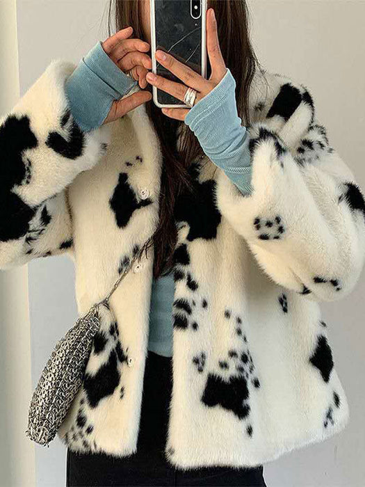 Faux Fur Coats For Women Long Sleeves Casual Cow Pattern Printed Oversized Turndown Collar White Coat