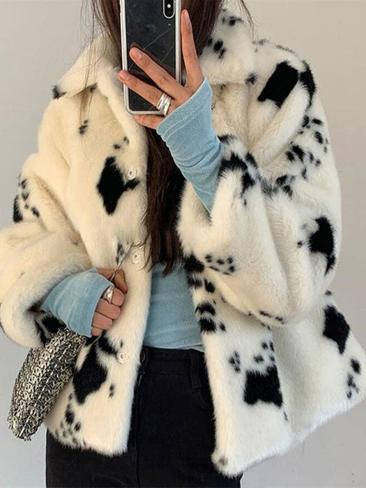 Faux Fur Coats For Women Long Sleeves Casual Cow Pattern Printed Oversized Turndown Collar White Coat