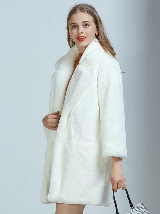 Faux Fur Coats For Women Long Sleeves Casual Oversized Turndown Collar White Winter Coat