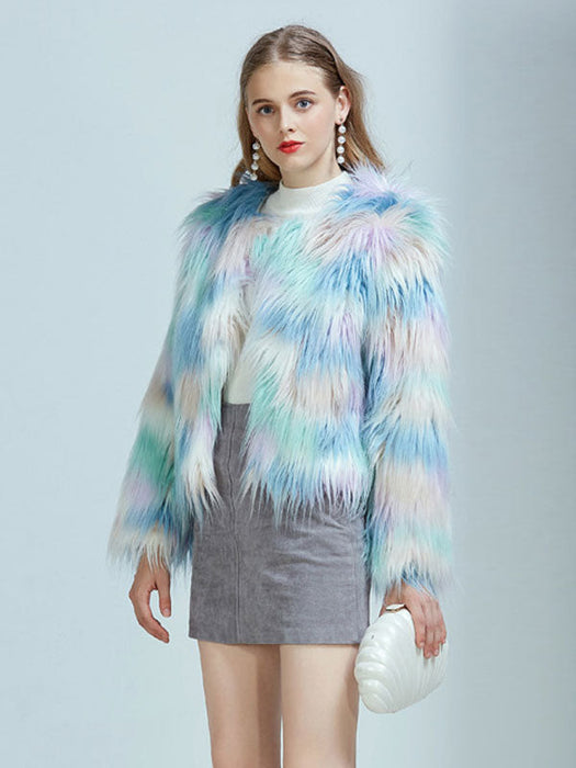 Faux Fur Coats For Women Long Sleeves Casual Printed Stretch Jewel Neck Light Sky Blue Winter Coat