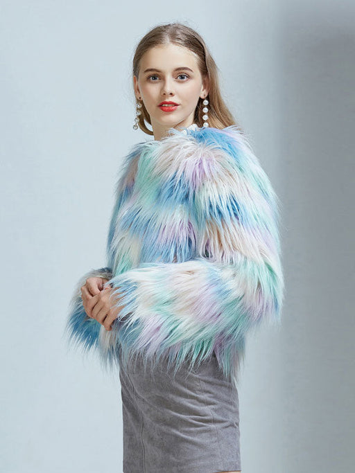 Faux Fur Coats For Women Long Sleeves Casual Printed Stretch Jewel Neck Light Sky Blue Winter Coat