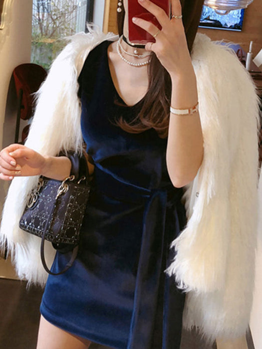 Faux Fur Coats For Women Long Sleeves Casual V Neck White Women Coat